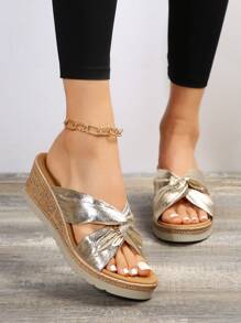 女士扭結細節鏤空編織坡跟涼鞋,度假戶外金屬質感坡跟涼鞋