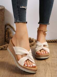Women Twist Detail Cut Out Espadrille Wedge Slide Sandals, Vacation Outdoor Faux Suede Wedge Sandals