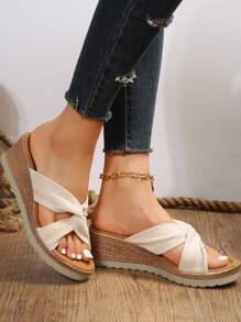 Women Twist Detail Cut Out Espadrille Wedge Slide Sandals, Vacation Outdoor Faux Suede Wedge Sandals