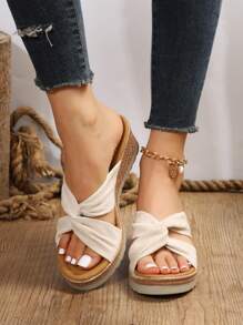 Women Twist Detail Cut Out Espadrille Wedge Slide Sandals, Vacation Outdoor Faux Suede Wedge Sandals