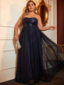 Vestido de vestir con lentejuelas de malla tubo - Azul Marino - Ver 5