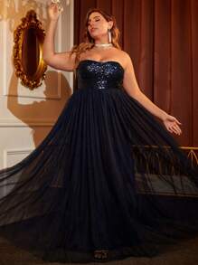 Vestido de vestir con lentejuelas de malla tubo - Azul Marino - Ver 2