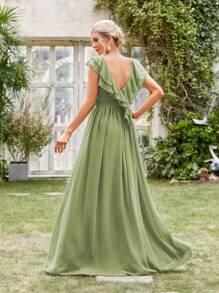 Ruffle Trim Ruched Bust Maxi Chiffon Bridesmaid Elegant Dress - Green - View 2