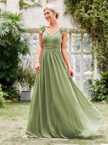 Ruffle Trim Ruched Bust Maxi Chiffon Bridesmaid Elegant Dress - Green - View 4