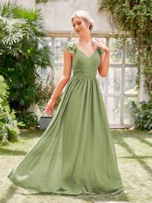 Ruffle Trim Ruched Bust Maxi Chiffon Bridesmaid Elegant Dress - Green - View 5