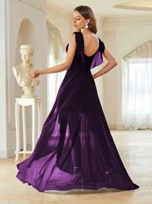 Asymmetrical Ruched Chiffon Elegant Bridesmaid Dress - Purple - View 2