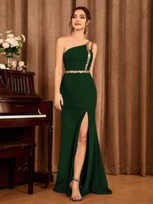 One-Shoulder Contrast Color Sequin Slit Bridesmaid Dress, Elegant Formal Evening Gown For Wedding Guest, Suitable For Graduation Ceremony, Banquet And Other Occasions Spring Party - Dark Green - View 1