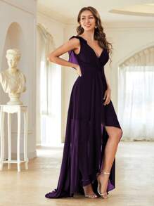 Asymmetrical Ruched Chiffon Elegant Bridesmaid Dress - Purple - View 4