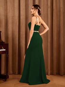 One-Shoulder Contrast Color Sequin Slit Bridesmaid Dress, Elegant Formal Evening Gown For Wedding Guest, Suitable For Graduation Ceremony, Banquet And Other Occasions Spring Party - Dark Green - View 2