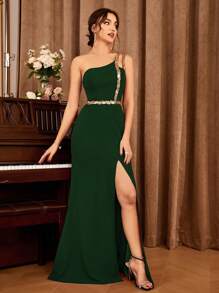 One-Shoulder Contrast Color Sequin Slit Bridesmaid Dress, Elegant Formal Evening Gown For Wedding Guest, Suitable For Graduation Ceremony, Banquet And Other Occasions Spring Party - Dark Green - View 3