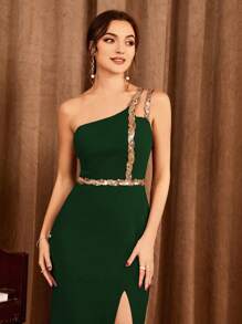 One-Shoulder Contrast Color Sequin Slit Bridesmaid Dress, Elegant Formal Evening Gown For Wedding Guest, Suitable For Graduation Ceremony, Banquet And Other Occasions Spring Party - Dark Green - View 4