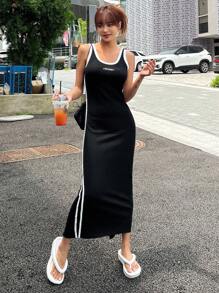 DAZY Letter Graphic Contrast Binding Tank Dress - Black - View 4