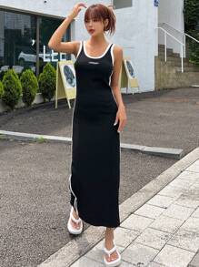 DAZY Letter Graphic Contrast Binding Tank Dress - Black - View 6
