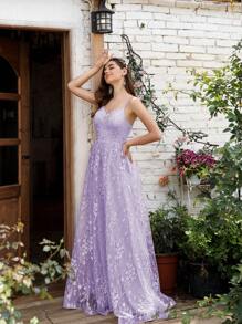 荷葉邊蕾絲吊帶連衣裙 - 淡紫色 - 查看 5