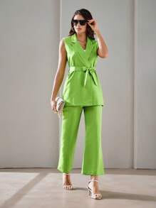 SHEIN BIZwear 戧駁領腰帶馬甲西裝外套和褲子工作服 - 綠色 - 查看 4