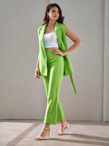 SHEIN BIZwear 戧駁領腰帶馬甲西裝外套和褲子工作服 - 綠色 - 查看 5