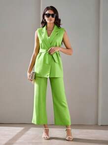 SHEIN BIZwear 戧駁領腰帶馬甲西裝外套和褲子工作服 - 綠色 - 查看 6