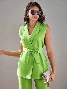SHEIN BIZwear 戧駁領腰帶馬甲西裝外套和褲子工作服 - 綠色 - 查看 7
