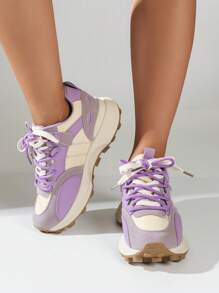 Women Colorblock Lace-up Front Chunky Sneakers, Sporty Sneakers