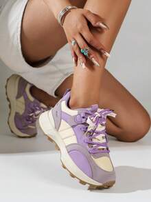 Women Colorblock Lace-up Front Chunky Sneakers, Sporty Sneakers