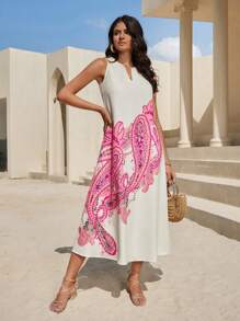 SHEIN VCAY 佩斯利印花缺口領連衣裙 - 彩色 - 查看 4