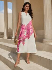 SHEIN VCAY 佩斯利印花缺口領連衣裙 - 彩色 - 查看 6