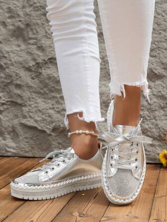 女士金屬質感前綁帶板鞋,運動鞋