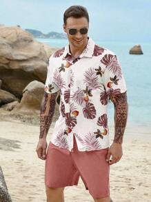 Manfinity Hombres talla grande con estampado tropical Camisa & Shorts - Multicolor - Ver 1