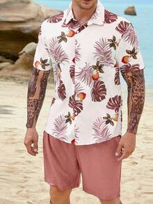 Manfinity Hombres talla grande con estampado tropical Camisa & Shorts - Multicolor - Ver 4