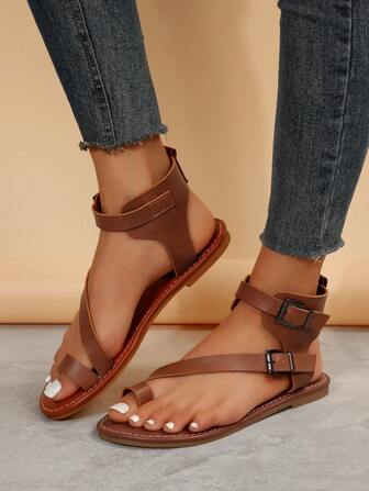 女士搭扣裝飾T字帶涼鞋,時尚涼鞋