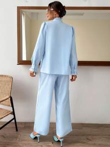 SHEIN Privé Solid Button Front Shirt & Wide Leg Trousers - Baby Blue - View 2