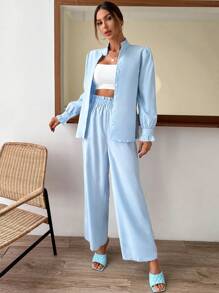 SHEIN Privé Solid Button Front Shirt & Wide Leg Trousers - Baby Blue - View 4