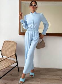 SHEIN Privé Solid Button Front Shirt & Wide Leg Trousers - Baby Blue - View 5