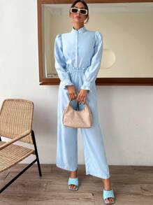 SHEIN Privé Solid Button Front Shirt & Wide Leg Trousers - Baby Blue - View 6