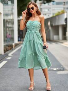 SHEIN Frenchy 褶邊荷葉邊抹胸連衣裙 - 薄荷綠 - 查看 4