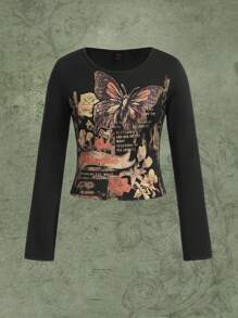 ROMWE Fairycore Camiseta con estampado de mariposa y slogan - Negro - Ver 1
