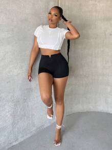 SHEIN SXY Áo thun nữ màu trơn Giải trí - trắng - Xem 4
