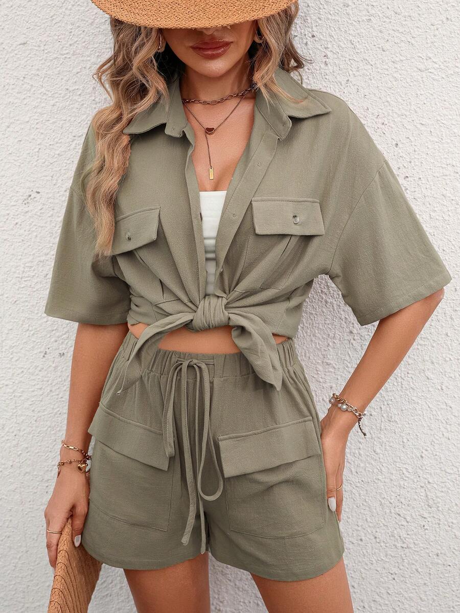 SHEIN Essnce Bộ đồ hai mảnh nữ Túi Nút phía trước màu trơn Giải trí - Màu Khaki - Xem 1