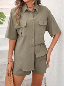 SHEIN Essnce Bộ đồ hai mảnh nữ Túi Nút phía trước màu trơn Giải trí - Màu Khaki - Xem 3