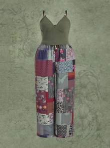 ROMWE Hippie Hơn Chất rắn Cami ngọn & In chắp vá Quần ống rộng - màu xanh lá - Xem 2