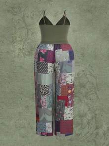 ROMWE Hippie Hơn Chất rắn Cami ngọn & In chắp vá Quần ống rộng - màu xanh lá - Xem 3