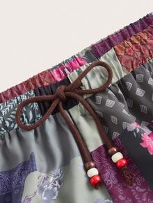 ROMWE Hippie Hơn Chất rắn Cami ngọn & In chắp vá Quần ống rộng - màu xanh lá - Xem 5