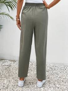 SHEIN Frenchy 腰上打結斜口袋長褲 - 卡其色 - 查看 2