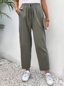 SHEIN Frenchy 腰上打結斜口袋長褲 - 卡其色 - 查看 6