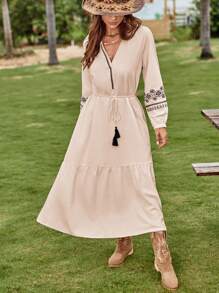 SHEIN VCAY Floral Embroidery Ruffle Hem Belted Dress - Beige - View 7