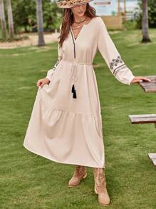 SHEIN VCAY Floral Embroidery Ruffle Hem Belted Dress - Beige - View 3