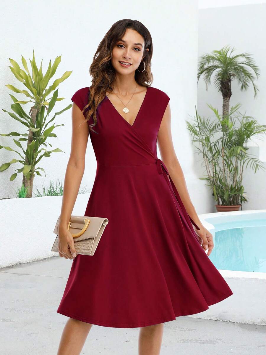 Mùa Hè Thường Quấn Đầm Đầm Chữ A Nón Tay Màu Burgundy Đơn Giản Cổ V Vải Xếp Túi Dài Tới Đầu Gối Đầm - Màu Đỏ Sâu - Xem 1