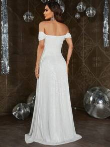 Elegant Off-The-Shoulder Evening Gown With Daring High Slit - Sophisticated Formal Wear For Black-Tie Galas, Red Carpet Events, Luxury Wedding Receptions, Grand Evening Dinners & High-Profile Award Ceremonies - White - View 2