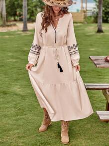 SHEIN VCAY Floral Embroidery Ruffle Hem Belted Dress - Beige - View 4