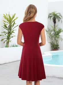 Mùa Hè Thường Quấn Đầm Đầm Chữ A Nón Tay Màu Burgundy Đơn Giản Cổ V Vải Xếp Túi Dài Tới Đầu Gối Đầm - Màu Đỏ Sâu - Xem 2